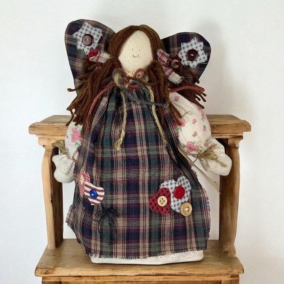 Angel Doll Plaid Fabric Decorative Buttons Yarn Rustic Americana Patriotic 12” - Picture 16 of 16